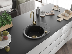 Mexen Kevin1-medencés gránit mosogató edényszárítóval 586 x 458 mm, Fekete/Fém ezüst, szifon Arany - 6517581005-73-G