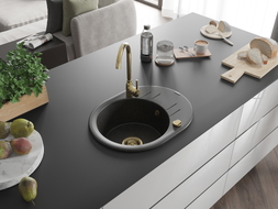 Mexen Kevin chiuvetă de granit cu 1 compartiment și scurgător 586 x 458 mm, negru/auriu metalic, sifon auriu