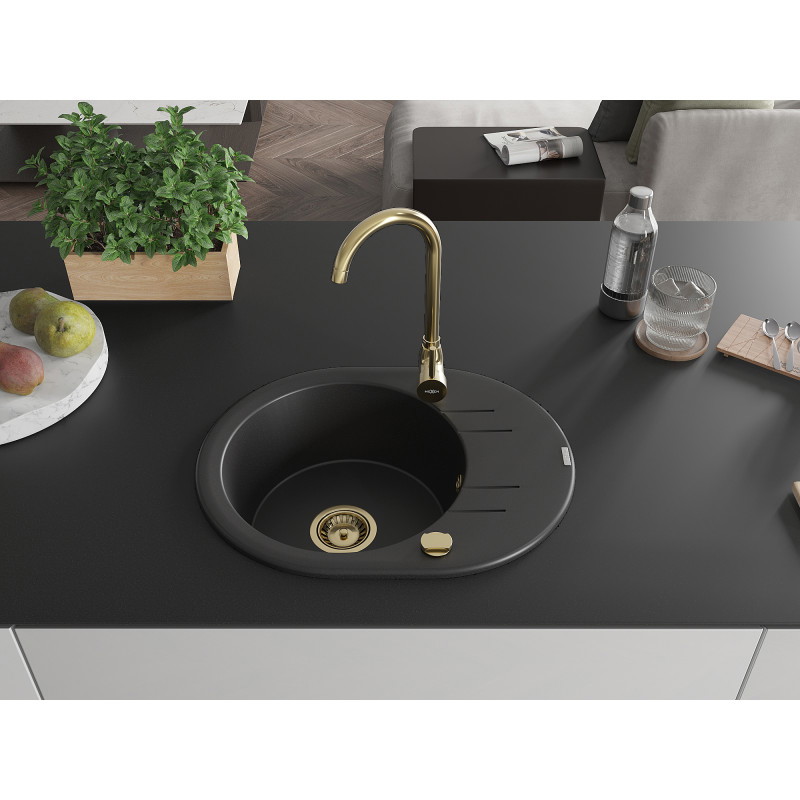 Mexen Kevin chiuvetă de granit cu o cuvă și picurător 586 x 458 mm, negru, sifon auriu - 6517581005-77-G