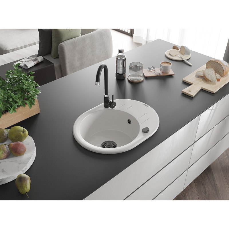 Mexen Kevin gránit mosogató 1-medencés csepegtetővel 586 x 458 mm, fehér, fekete szifon - 6517581005-20-B