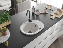 Mexen Kevin chiuvetă din granit cu 1 compartiment și scurgător 586 x 458 mm, alb, sifon negru - 6517581005-20-B