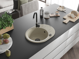Mexen Kevin chiuvetă din granit cu 1 compartiment cu picurător 586 x 458 mm, Bej, sifon Neagră - 6517581005-69-B