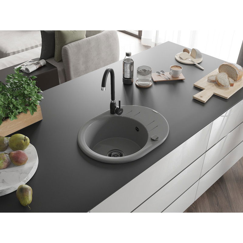 Mexen Kevin chiuvetă de granit cu 1 cuvă și scurgător 586 x 458 mm, gri, sifon negru - 6517581005-71-B