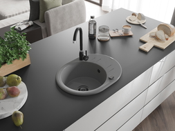 Mexen Kevin chiuvetă din granit cu 1 compartiment cu picurător 586 x 458 mm, gri, sifon Neagră - 6517581005-71-B