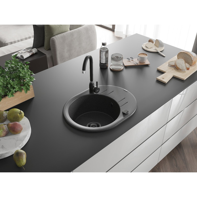 Mexen Kevin 1 rekeszes gránit mosogató csepegtetővel 586 x 458 mm, fekete pöttyös, fekete szifon - 6517581005-76-B