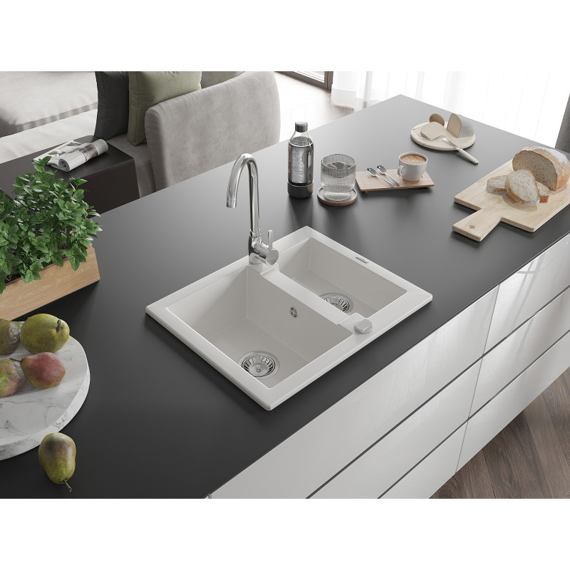 Mexen Carlos chiuvetă de bucătărie din granit, 1,5 cuve, 582 x 475 mm, alb, sifon cromat - 6518581500-20