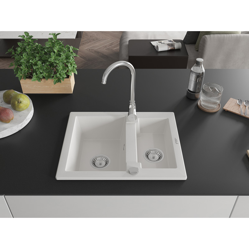 Mexen Carlos chiuvetă de bucătărie din granit, 1,5 cuve, 582 x 475 mm, alb, sifon cromat - 6518581500-20