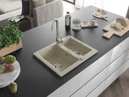 Mexen Carlos chiuvetă de granit cu 1,5 compartiment 582 x 475 mm, Bej, sifon Crom - 6518581500-69