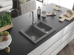Mexen Carlos chiuvetă de granit cu 1,5 compartiment 582 x 475 mm, gri, sifon Crom - 6518581500-71