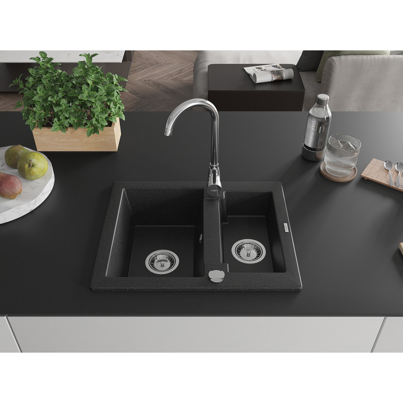 Mexen Carlos chiuvetă de granit 1,5 compartiment, 582 x 475 mm, negru/metalizat argintiu, sifon cromat - 6518581500-73