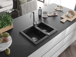 Mexen Carlos chiuvetă de granit cu 1,5 compartiment 582 x 475 mm, Neagră/Argintiu metalic, sifon Crom - 6518581500-73