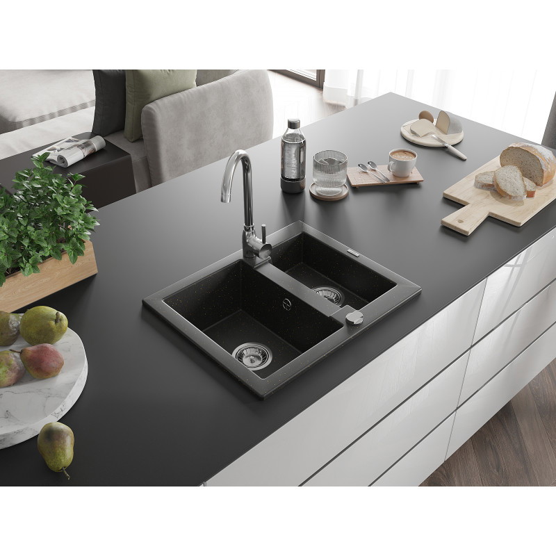 Mexen Carlos chiuvetă de granit cu 1,5 compartimente 582 x 475 mm, negru/auriu metalic, sifon cromat - 6518581500-75