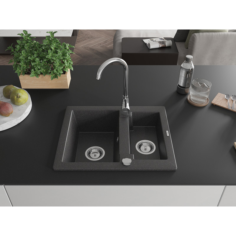 Mexen Carlos chiuvetă de granit cu 1,5 compartiment, 582 x 475 mm, negru pătat, sifon cromat - 6518581500-76
