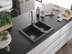 Mexen Carlos chiuvetă de granit cu 1,5 compartiment 582 x 475 mm, Neagră picățele, sifon Crom - 6518581500-76
