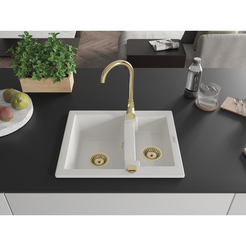 Mexen Carlos chiuvetă de granit cu 1,5 compartimente 582 x 475 mm, albă, sifon auriu - 6518581500-20-G