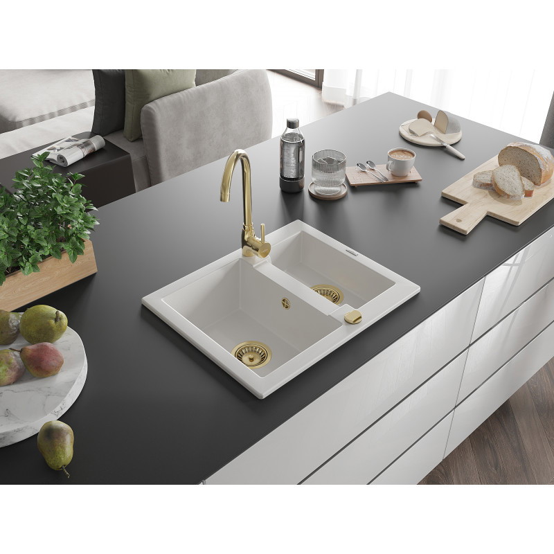 Mexen Carlos 1,5 rekeszes gránit mosogató 582 x 475 mm, fehér, arany szifon - 6518581500-20-G