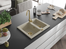 Mexen Carlos chiuvetă de granit cu 1,5 compartiment 582 x 475 mm, Bej, sifon Auriu - 6518581500-69-G