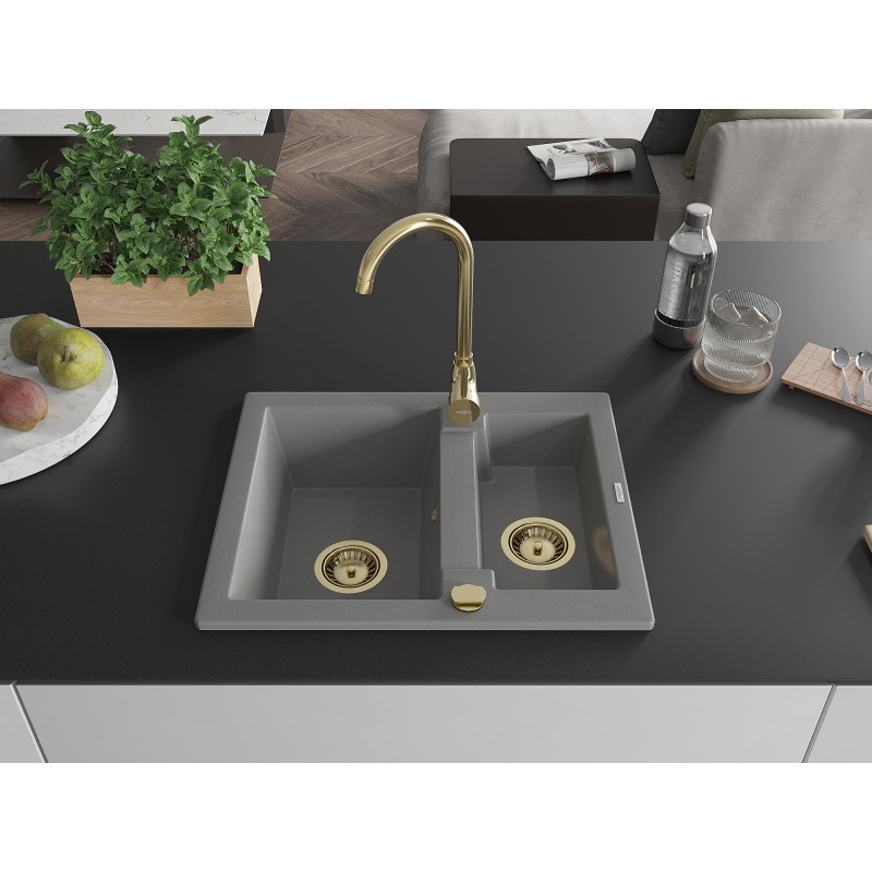 Mexen Carlos 1,5 medencés gránit mosogató 582 x 475 mm, szürke, arany szifonnal - 6518581500-71-G