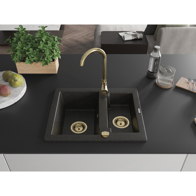 Mexen Carlos chiuvetă granit 1,5 compartimente 582 x 475 mm, negru/auriu metalic, sifon auriu - 6518581500-75-G