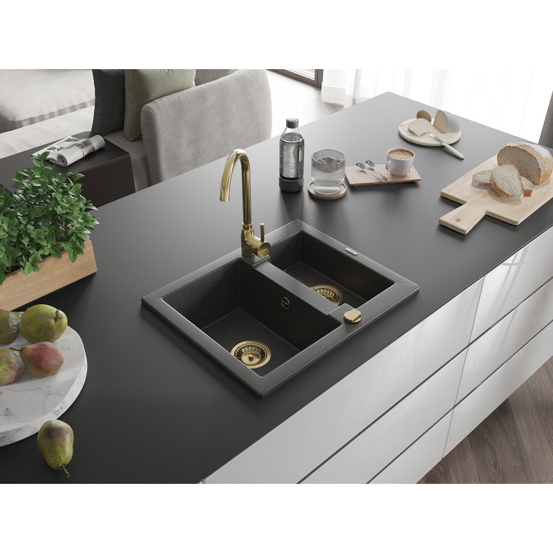 Mexen Carlos chiuvetă de granit 1,5-cameră 582 x 475 mm, negru cu pete, sifon auriu - 6518581500-76-G
