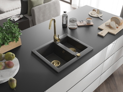 Mexen Carlos chiuvetă de granit 1,5-cameră 582 x 475 mm, negru cu pete, sifon auriu - 6518581500-76-G