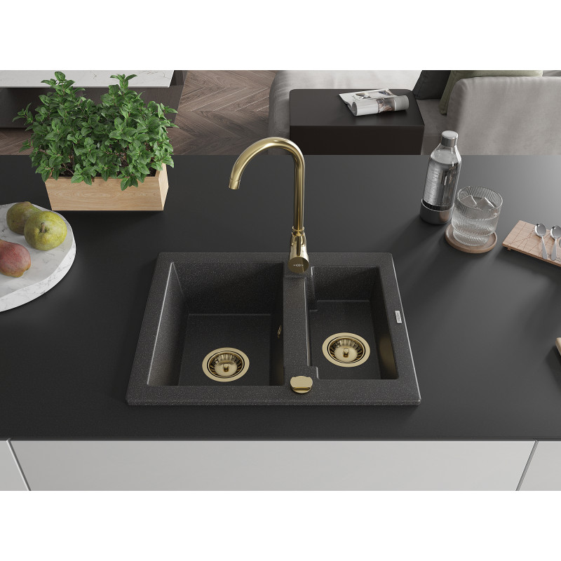 Mexen Carlos chiuvetă de granit 1,5-cameră 582 x 475 mm, negru cu pete, sifon auriu - 6518581500-76-G