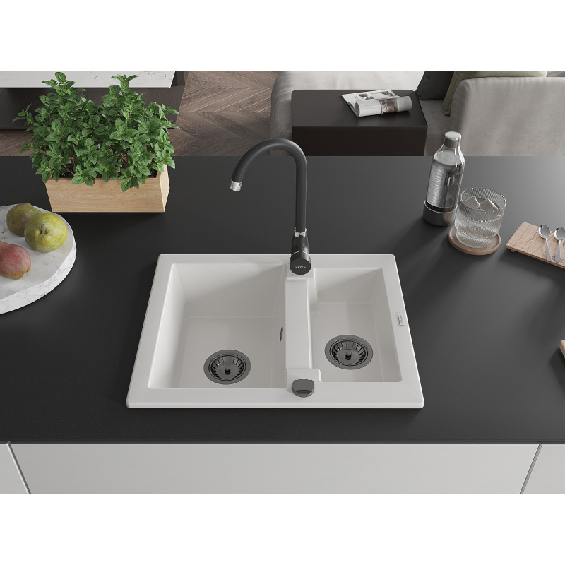 Mexen Carlos chiuvetă granit 1,5 camere 582 x 475 mm, alb, sifon negru - 6518581500-20-B