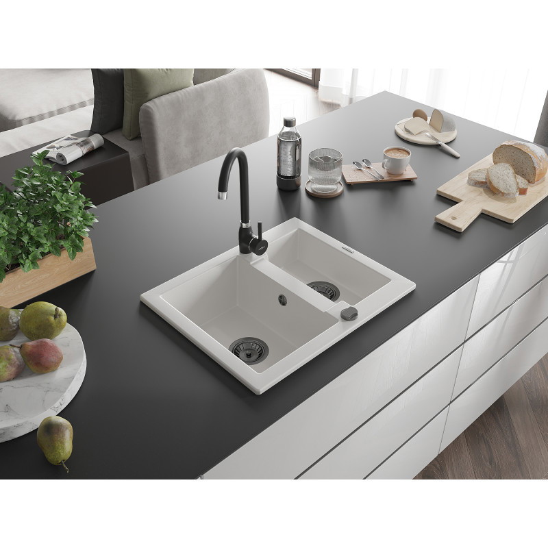 Mexen Carlos chiuvetă granit 1,5 camere 582 x 475 mm, alb, sifon negru - 6518581500-20-B