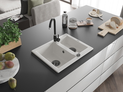 Mexen Carlos chiuvetă de granit cu 1,5 compartiment 582 x 475 mm, Albă, sifon Neagră - 6518581500-20-B