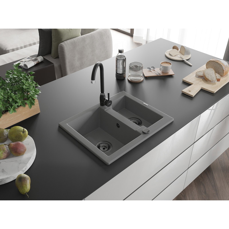 Mexen Carlos chiuvetă de bucătărie din granit cu 1,5 compartimente 582 x 475 mm, gri, sifon negru - 6518581500-71-B