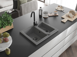 Mexen Carlos chiuvetă de granit 1,5 compartimente 582 x 475 mm, gri, sifon negru - 6518581500-71-B