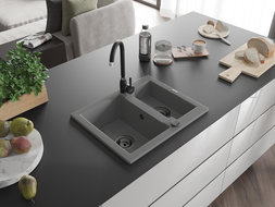 Mexen Carlos chiuvetă de granit cu 1,5 compartiment 582 x 475 mm, gri, sifon Neagră - 6518581500-71-B