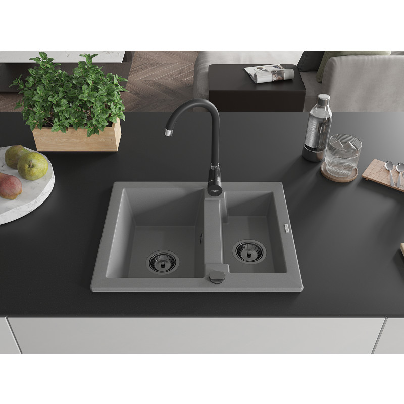 Mexen Carlos chiuvetă de bucătărie din granit cu 1,5 compartimente 582 x 475 mm, gri, sifon negru - 6518581500-71-B