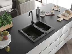 Mexen Carlos chiuvetă de granit cu 1,5 compartimente 582 x 475 mm, negru/auriu metalic, sifon negru - 6518581500-75-B