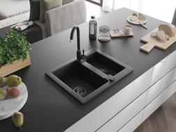 Mexen Carlos chiuvetă de granit 1,5 compartimente 582 x 475 mm, negru, sifon negru - 6518581500-77-B