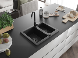 Mexen Carlos chiuvetă de granit cu 1,5 compartiment 582 x 475 mm, Neagră, sifon Neagră - 6518581500-77-B